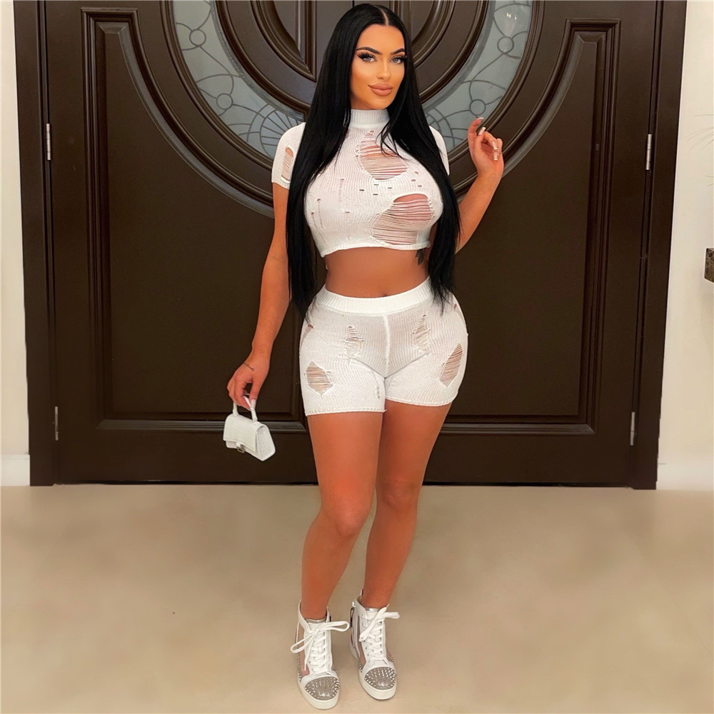 2023 Designer Summer Tracksuits Women Knitted Outfits Two Piece Sets Spring Clothes Short Sleeve T-Shirt and Shorts Casual Ripped Sportswear Wholesale