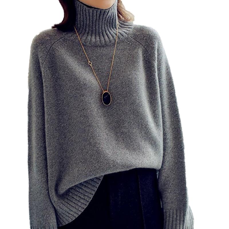 Womens Sweaters Solid Color Knitted Sweater Top Long Sleeve High Neck Retro Pullover SweaterWomens