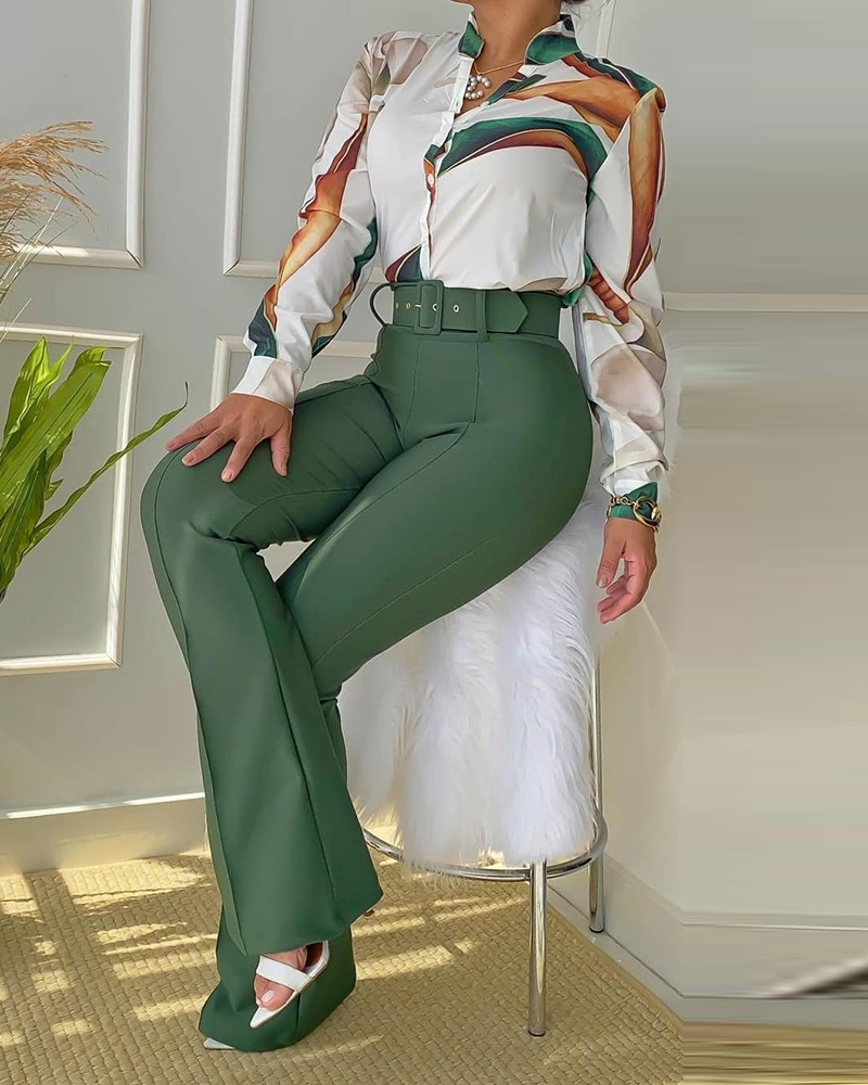 Womens Two Piece Pants Women Two Pieces Set Leaf Print Buttoned Shirt High Waist Pants Set Women Tracksuit Office Clothes with belt 230220, Letter
Womens Two Piece Pants Women Two Pieces Set Leaf Print Buttoned Shirt High Waist Pants Set Women Tracksuit Office Clothes with belt 230220, Letter