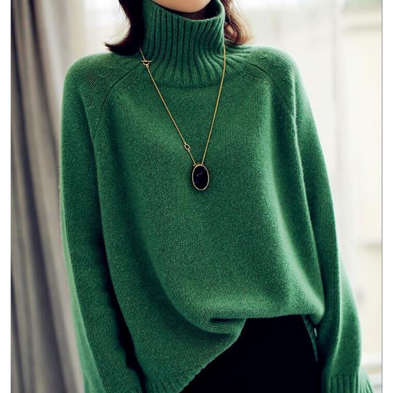Womens Sweaters Solid Color Knitted Sweater Top Long Sleeve High Neck Retro Pullover SweaterWomens