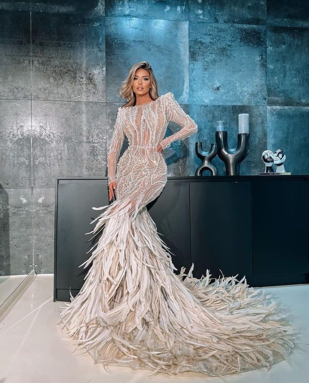Prom Mermaid Long Sleeves High Neck Lace Appliques Hollow Sexy Pearls Sequins Beaded Or Length Celebrity Evening Dresses Plus Size Custom Made 6660311