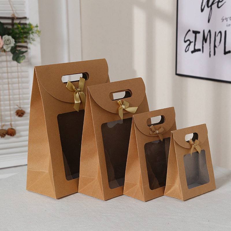Kraft paper bag With window self-supporting solid color bow portable flip gift bags