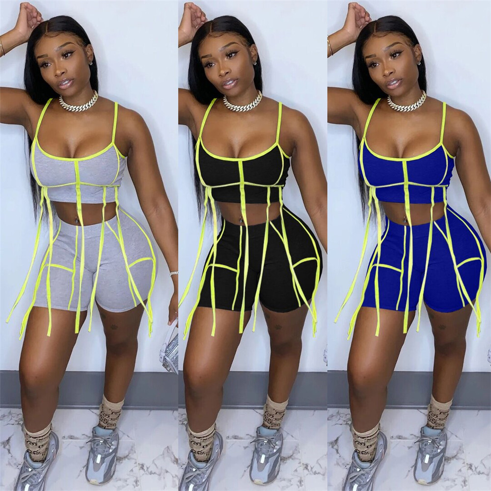 2023 Designer Two Piece Sets Tracksuits Womens Outfits Summer Tassels Sweatsuits Sexy Spaghetti Strap Tank Top and Shorts Casual Sportswear Bulk Whole