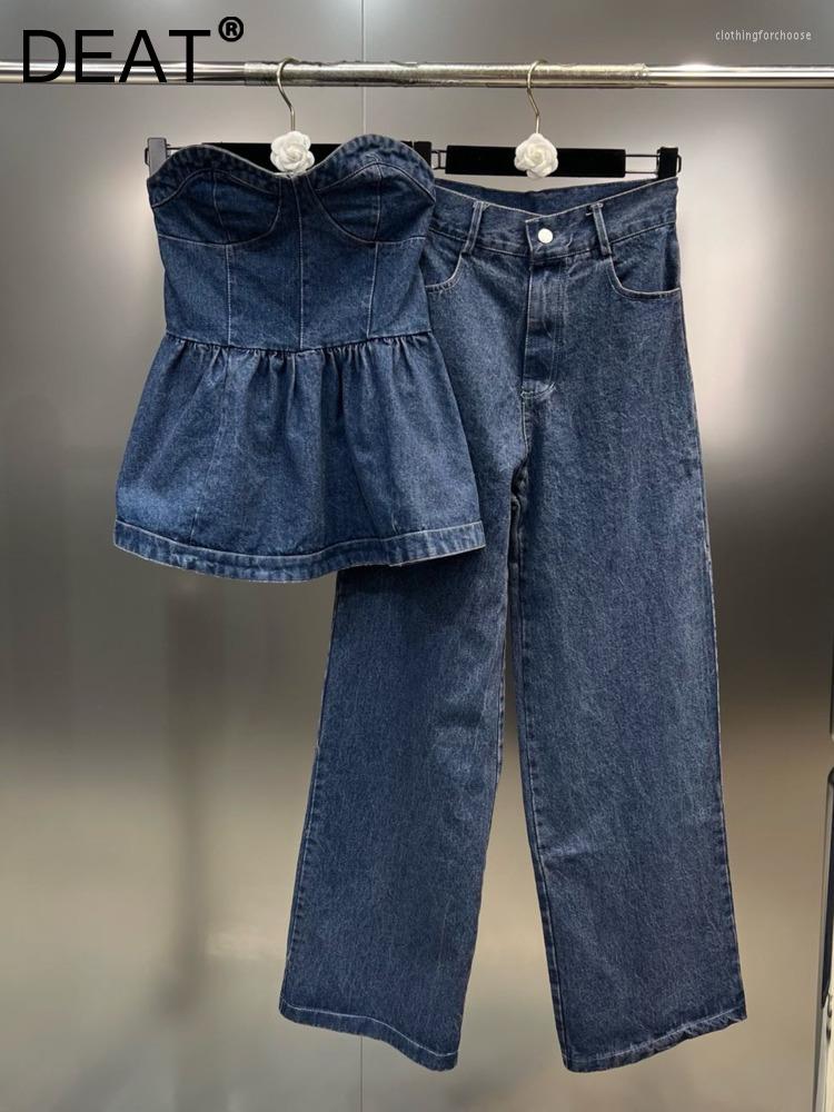 Women' Two Piece Pants Fashion Denim Two-piece Set Women' Elastic Sleeveless Off Shoulder Strapless High Straight Jeans 2023, Blue
Women' Two Piece Pants Fashion Denim Two-piece Set Women' Elastic Sleeveless Off Shoulder Strapless High Straight Jeans 2023, Blue
