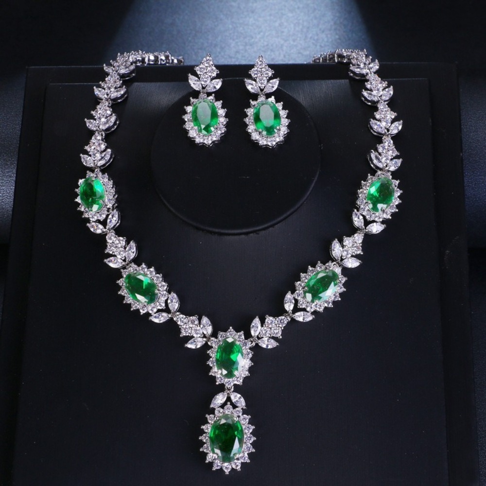 Wedding Jewelry Sets AMC Emerald Green Necklace And Earring Set Cubic Zirconia Jewelry Set for Women Bridal Jewelry Set Gift for Wife 230217