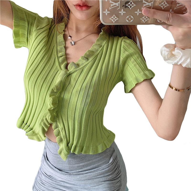 Women's T Shirts Summer Single-breasted V-neck Knit Cardigan Slim Solid Color Short Sleeve Top Fashion Sexy, Green
Women's T Shirts Summer Single-breasted V-neck Knit Cardigan Slim Solid Color Short Sleeve Top Fashion Sexy, Green