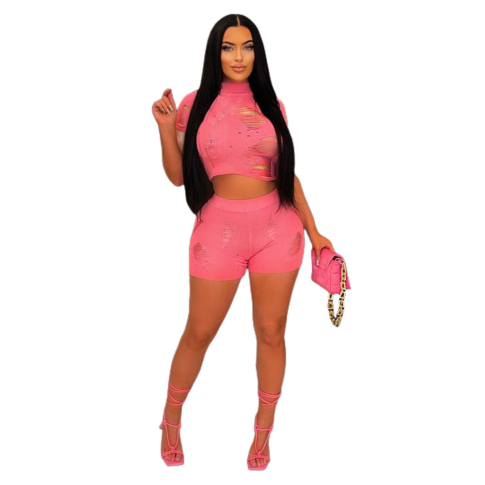 2023 Designer Summer Tracksuits Women Knitted Outfits Two Piece Sets Spring Clothes Short Sleeve T-Shirt and Shorts Casual Ripped Sportswear Wholesale