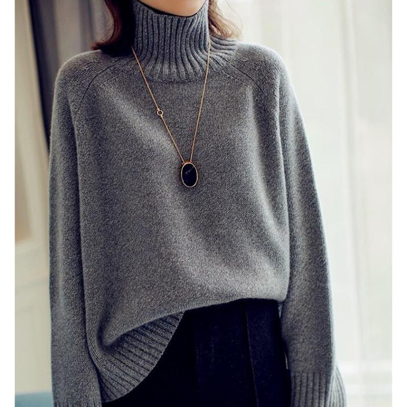 Womens Sweaters Solid Color Knitted Sweater Top Long Sleeve High Neck Retro Pullover SweaterWomens