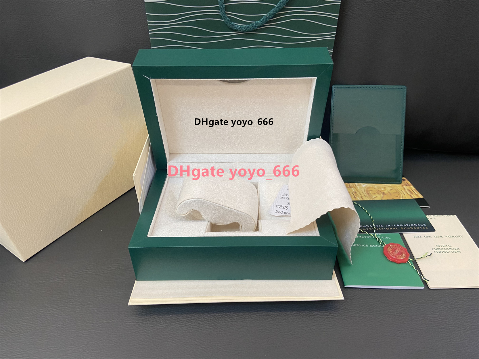 Fashion original wooden watch boxes dark green watch accessories are applicable to 126660 126610 228239 228239 top quality gift box booklet card handbag
Fashion original wooden watch boxes dark green watch accessories are applicable to 126660 126610 228239 228239 top quality gift box booklet card handbag
