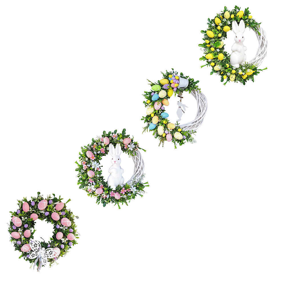 Decorative Flowers Wreaths 2023 Easter Bunny Flowers Wreath Front Door Oranments Happy Easter Rabbit Wall Hanging Wreath Home Party Garland Festival D
