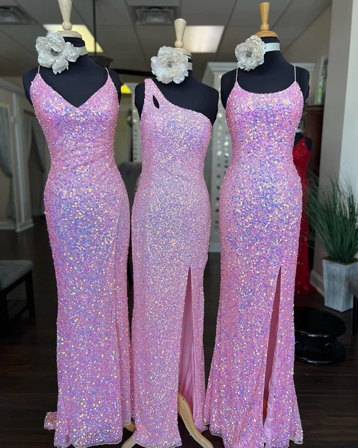 Pink Sequins Bridesmaid Dresses Spaghetti Straps Floor Length Sleeveless One Shoulder Side Slit Ruched Custom Made Plus Size Maid Of Honor Gowns