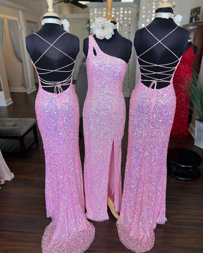 Pink Sequins Bridesmaid Dresses Spaghetti Straps Floor Length Sleeveless One Shoulder Side Slit Ruched Custom Made Plus Size Maid Of Honor Gowns