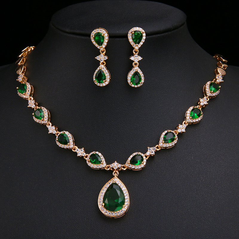 Wedding Jewelry Sets AMC Emerald Green Necklace And Earring Set Cubic Zirconia Jewelry Set for Women Bridal Jewelry Set Gift for Wife 230217