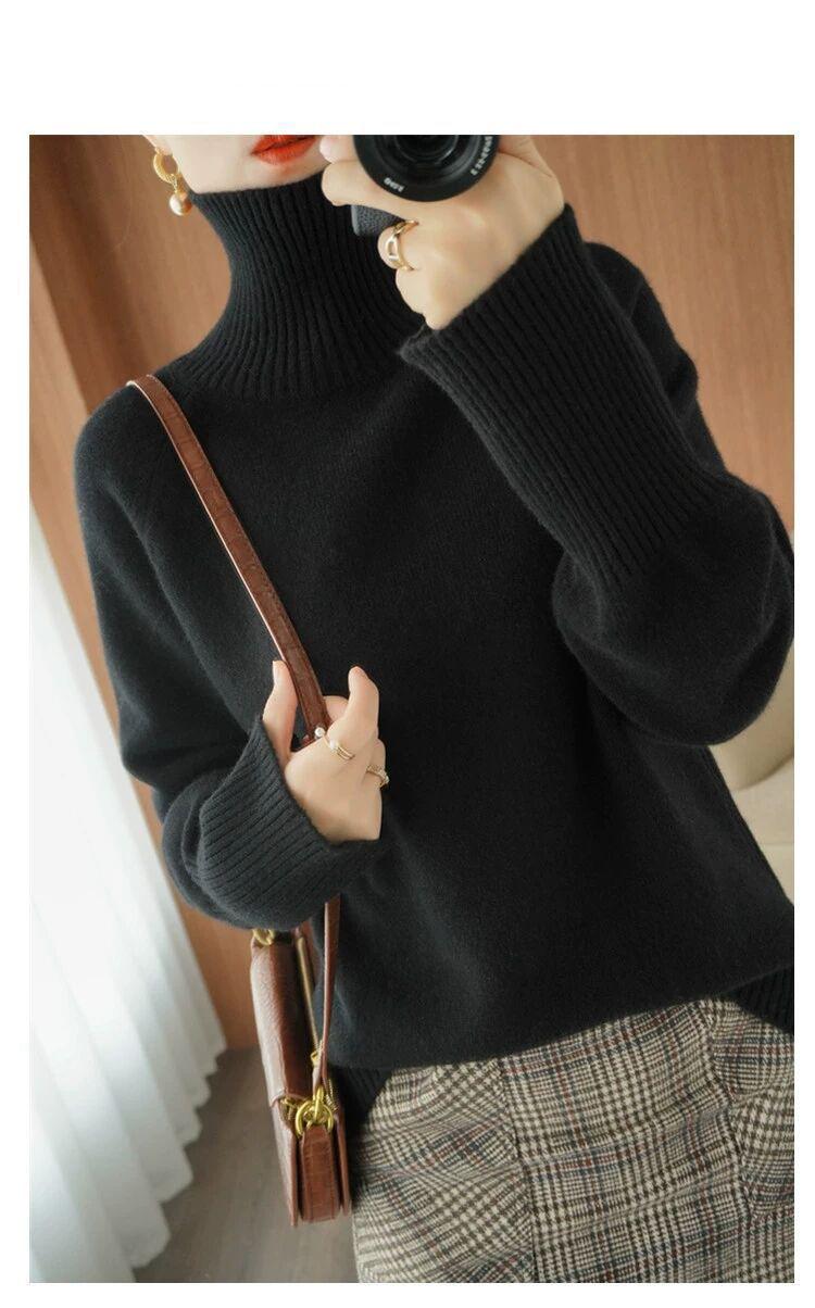 Womens Sweaters Solid Color Knitted Sweater Top Long Sleeve High Neck Retro Pullover SweaterWomens