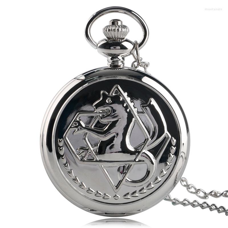 Pocket Watches Silver Fob Clock Fullmetal Alchemist Anime Child Quartz Watch Edward Elric Cosplay Pendant Gift, Picture shown