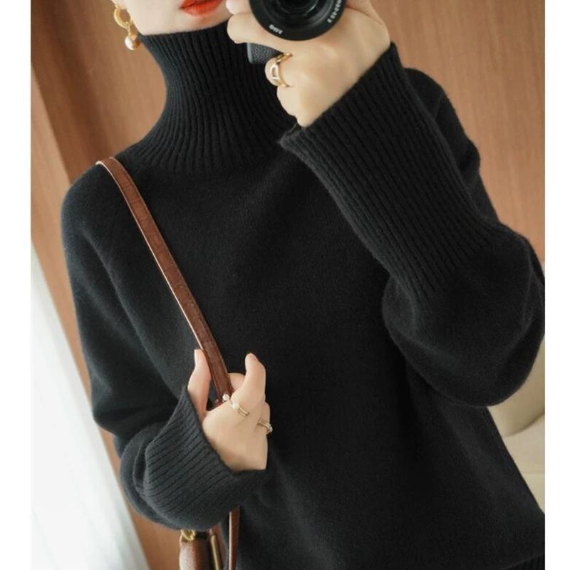 Womens Sweaters Solid Color Knitted Sweater Top Long Sleeve High Neck Retro Pullover SweaterWomens