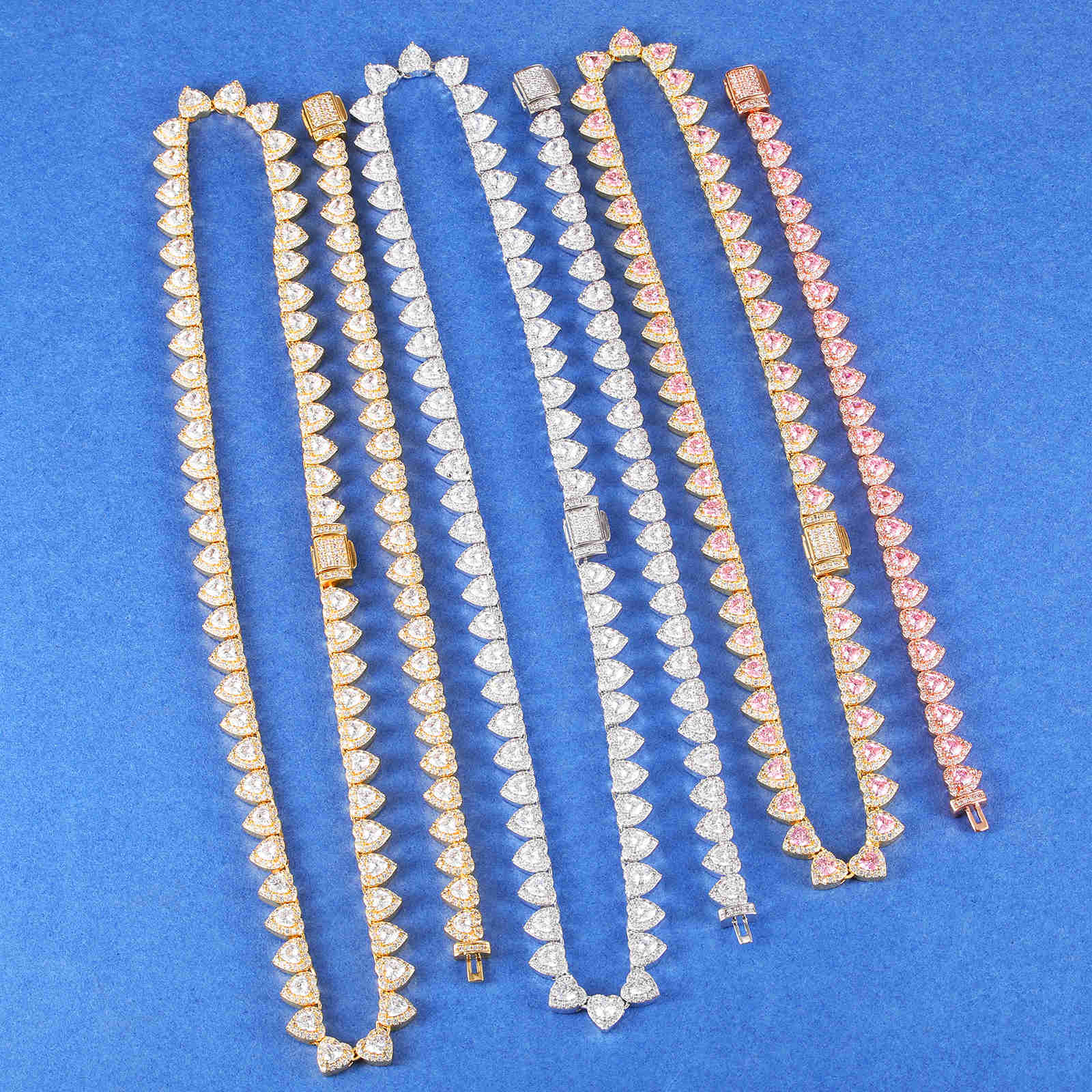7mm Heart Cut Diamond Tennis Chain Iced Out Necklace Bracelet Set Rose Gold Plated Women Luxury Jewelry Set