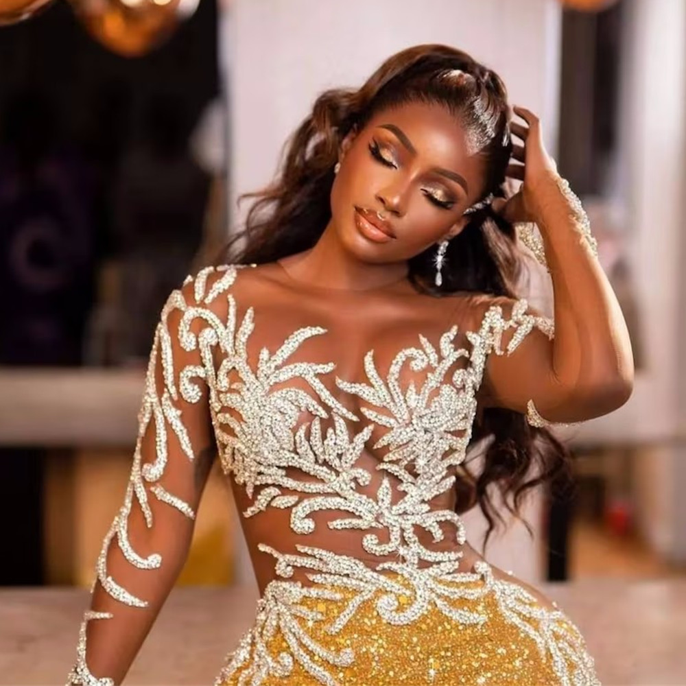 Sparkly Gold Sequins Prom Dresses Crystals Sweep Train Custom Made Sheer Neck Evening Gown Formal Occasion Wear