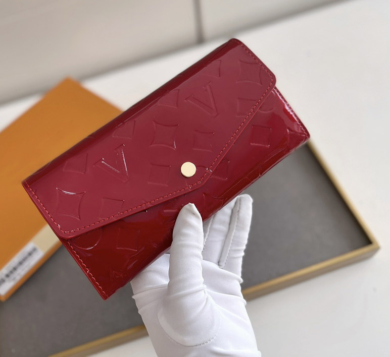 Fashion designer wallets luxury envelope purse men women patent leather clutch Highs quality embossed flower letter coin purses card holder original box dust bag