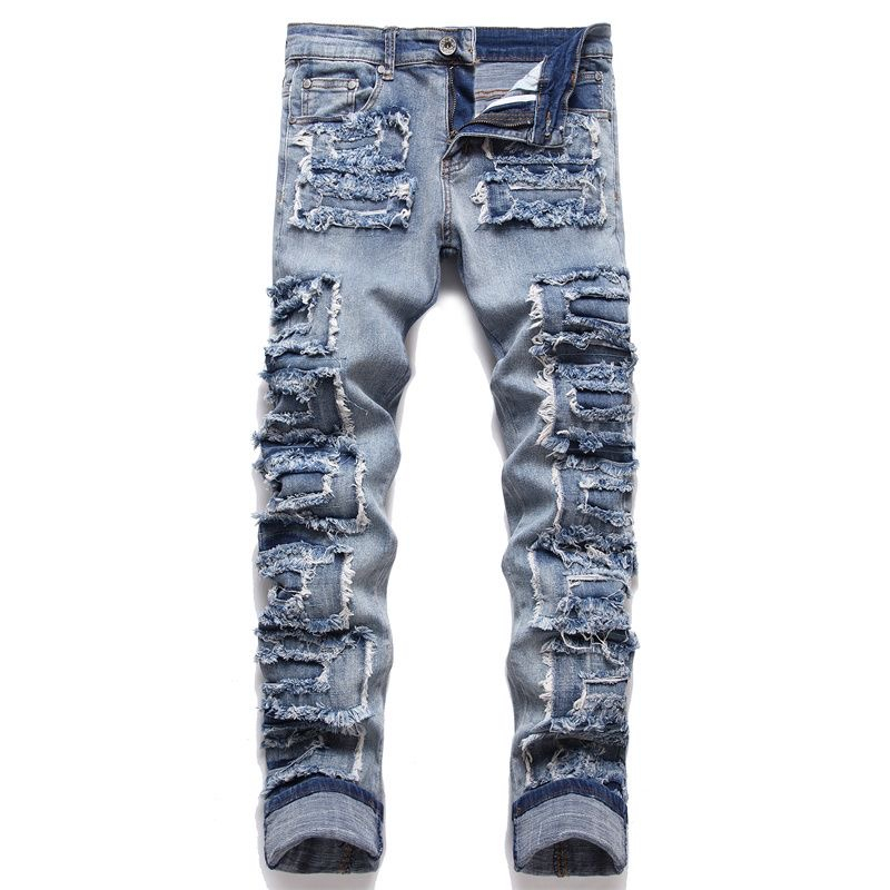 Foreign trade tides brand ripped stick cloth jeans men's Liuding slim small foot pants new Europe and the United States beggar pants