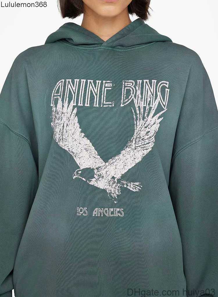 Anine Bing Women Designer Washed Hoodie Green Spray Fried Eagle Print Fleece Worn Hooded Sweater Pullover Sweatshirts huiya037