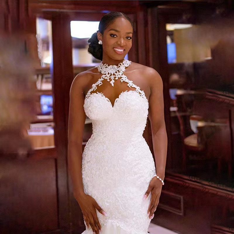 Crystal Mermaid Wedding Dress Illusion High Neck Long Sleeve Plus Size Bridal Gowns Lace Beads Bride Dresses Robes De Mariee 403
