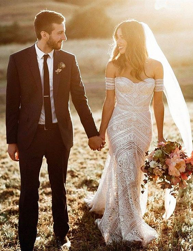 Bohemian Lace Mermaid Wedding Dresses With Detachable Sleeves Sweetheart Long Country Bridal Gowns 2023 Summer Beach Bride Dress