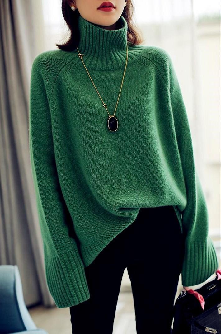 Womens Sweaters Solid Color Knitted Sweater Top Long Sleeve High Neck Retro Pullover SweaterWomens