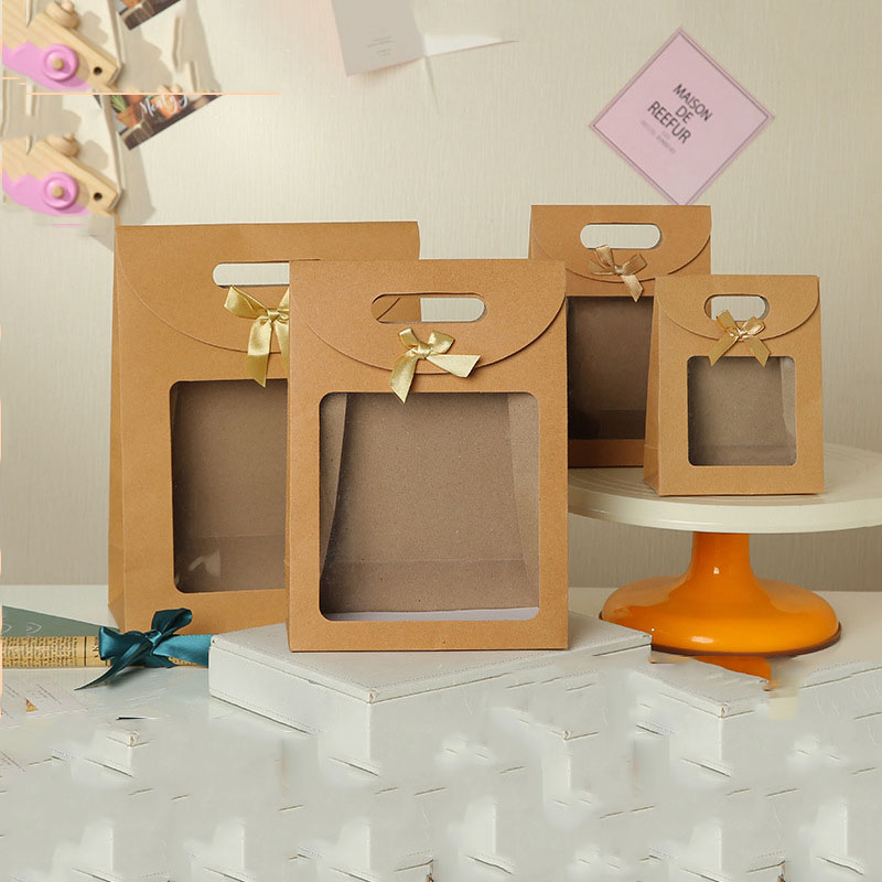 Kraft paper bag With window self-supporting solid color bow portable flip gift bags