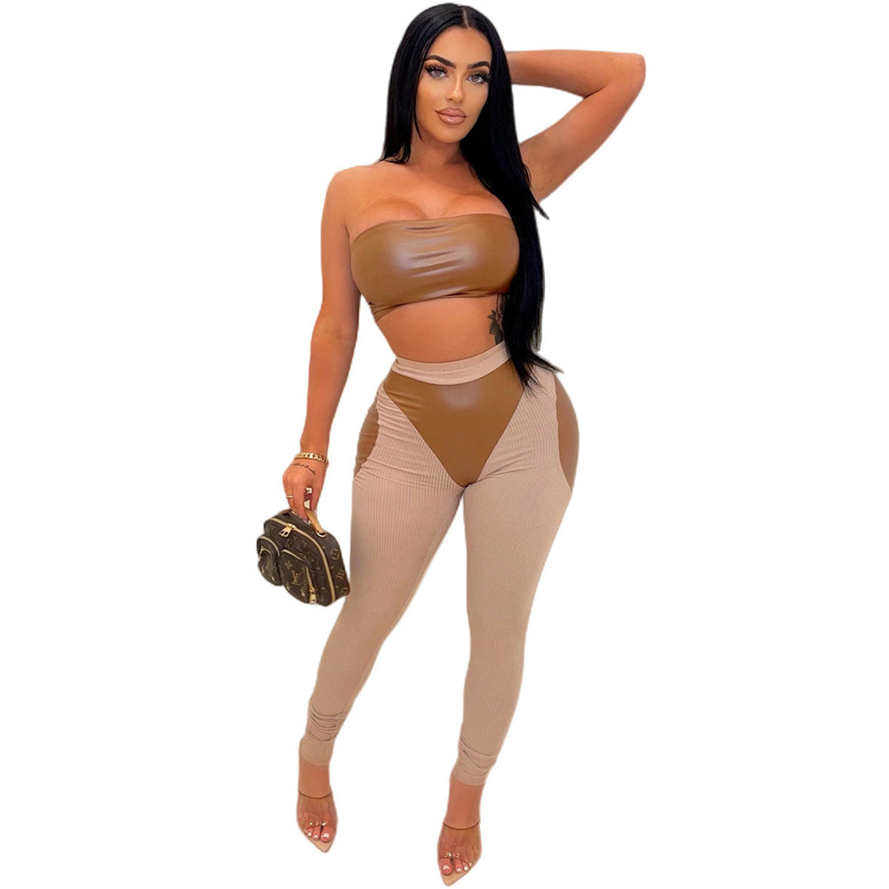 Designer Summer Leather Outfits Women Tracksuits Two Piece Sets Fashion PU Strapless Tank Top Pants Matching Sweatsuits Casual Sportswear Wholesale 92