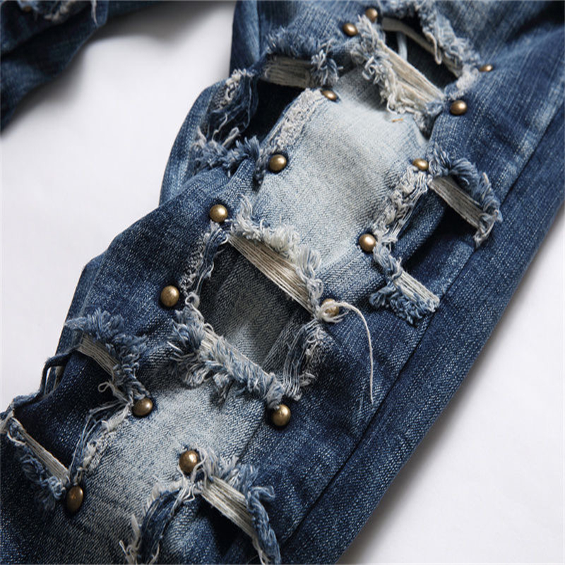 Foreign trade tides brand ripped stick cloth jeans men's Liuding slim small foot pants new Europe and the United States beggar pants