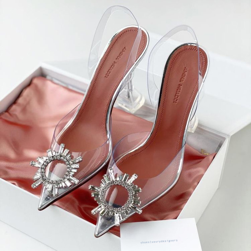 

Amina muaddi Begum Crystal-Embellished PVC Pumps shoes spool stiletto Heels sandals women's Luxury Designers Dress shoe Evening Slingback strap factory footwear, Navy