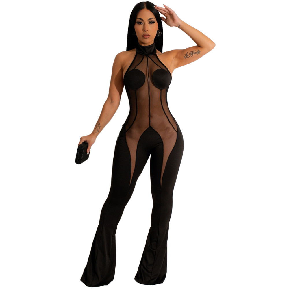 2023 Designer Mesh Patchwork Jumpsuits Women Spring Summer Clothes Sleeveless See through Rompers Sexy Bodycon Flare Pants Casual One Piece Outfits Wh