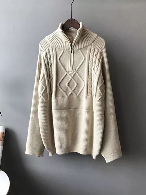 Women's Sweaters Women's Oversized Cable-knit Wool Sweater Thick Warm Knitted Pullover Solid Long Sleeve Turtleneck Zip Up Winter Coat C-148