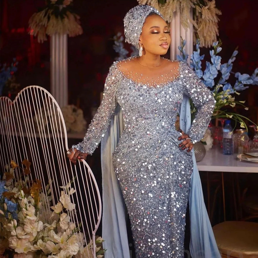 Sequined Brilliant Blue Evening Dresses with Cape Sheer Neck Full Sleeve Bead Birthday Party Gowns for Arabic Women 322