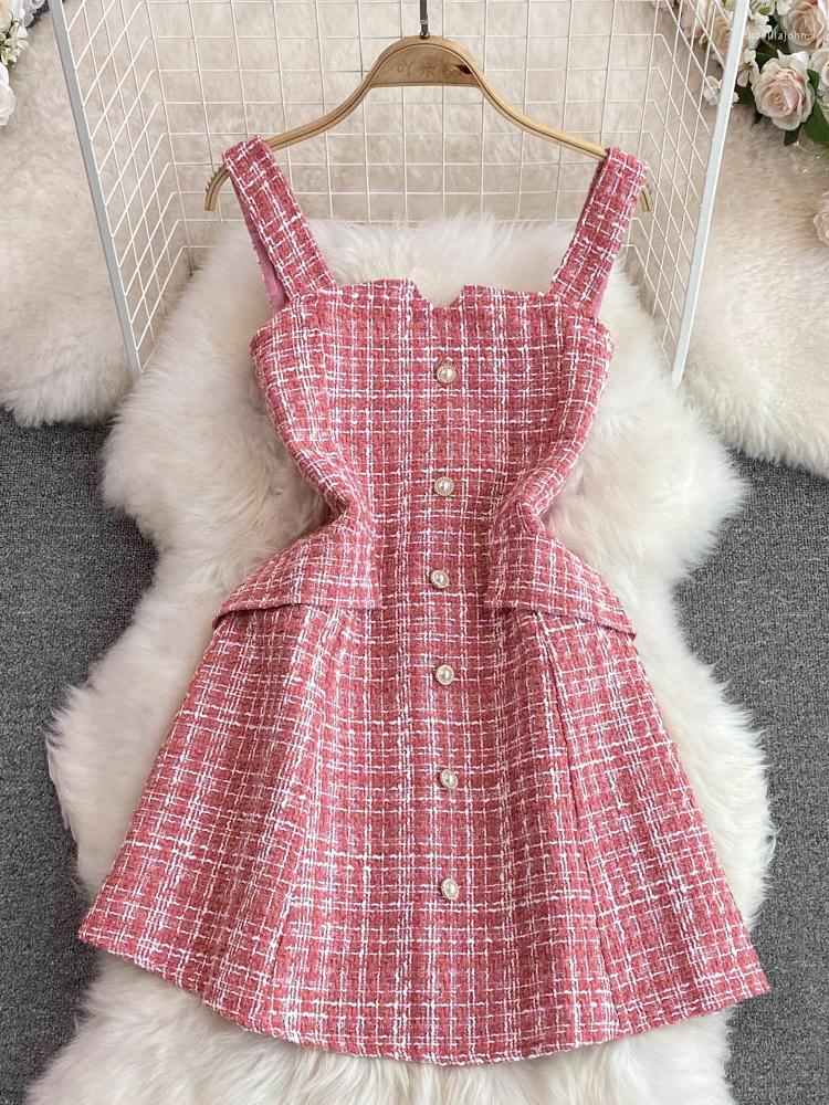 Casual Dresses Autumn Winter Sweet Pink/Black Short Tweed Women Vintage Single-breasted Sleeveless Slim Mini Tank Dress Korean Fashion