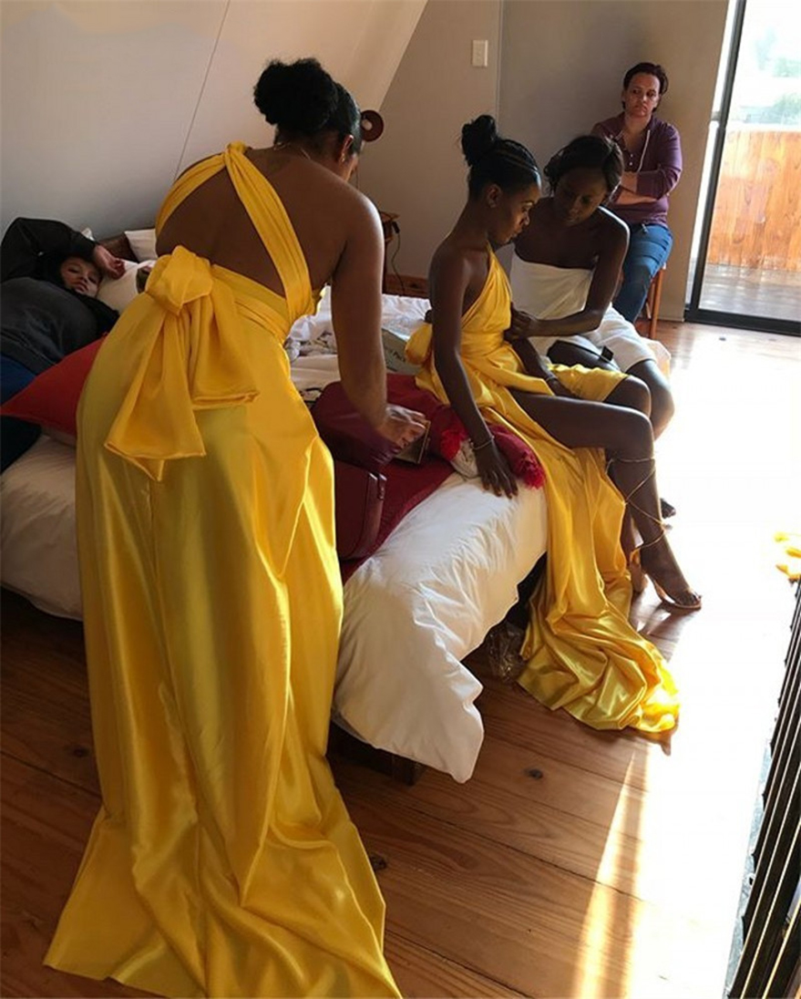 African Bridesmaid Dresses Backless Floor Length Sweep Train Silk Satin Wedding Party Bridemaid Dresses With Sweep Train