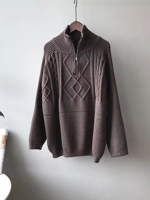 Women's Sweaters Women's Oversized Cable-knit Wool Sweater Thick Warm Knitted Pullover Solid Long Sleeve Turtleneck Zip Up Winter Coat C-148
