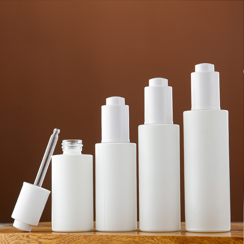 Flat Shoulder White Glass Bottles with Press Pipette Dropper for Essential Oils Serum Perfume Cosmetic Liquid 20ml 30ml 50ml 80ml 100ml 120ml