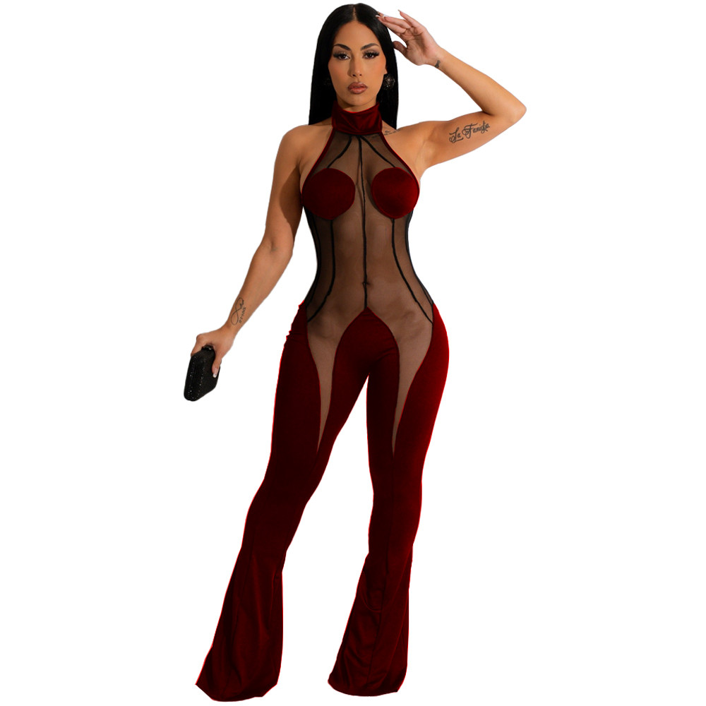 2023 Designer Mesh Patchwork Jumpsuits Women Spring Summer Clothes Sleeveless See through Rompers Sexy Bodycon Flare Pants Casual One Piece Outfits Wh
