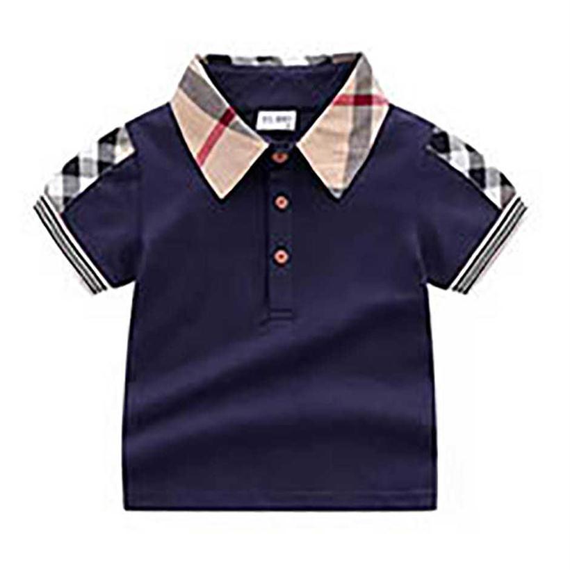 Baby Boys Turn-Down Collar T-shirts Summer Kids Short Sleeve Plaid T-shirt Gentleman Style Children Cotton Casual Tops Tees Boy Shirts 3363