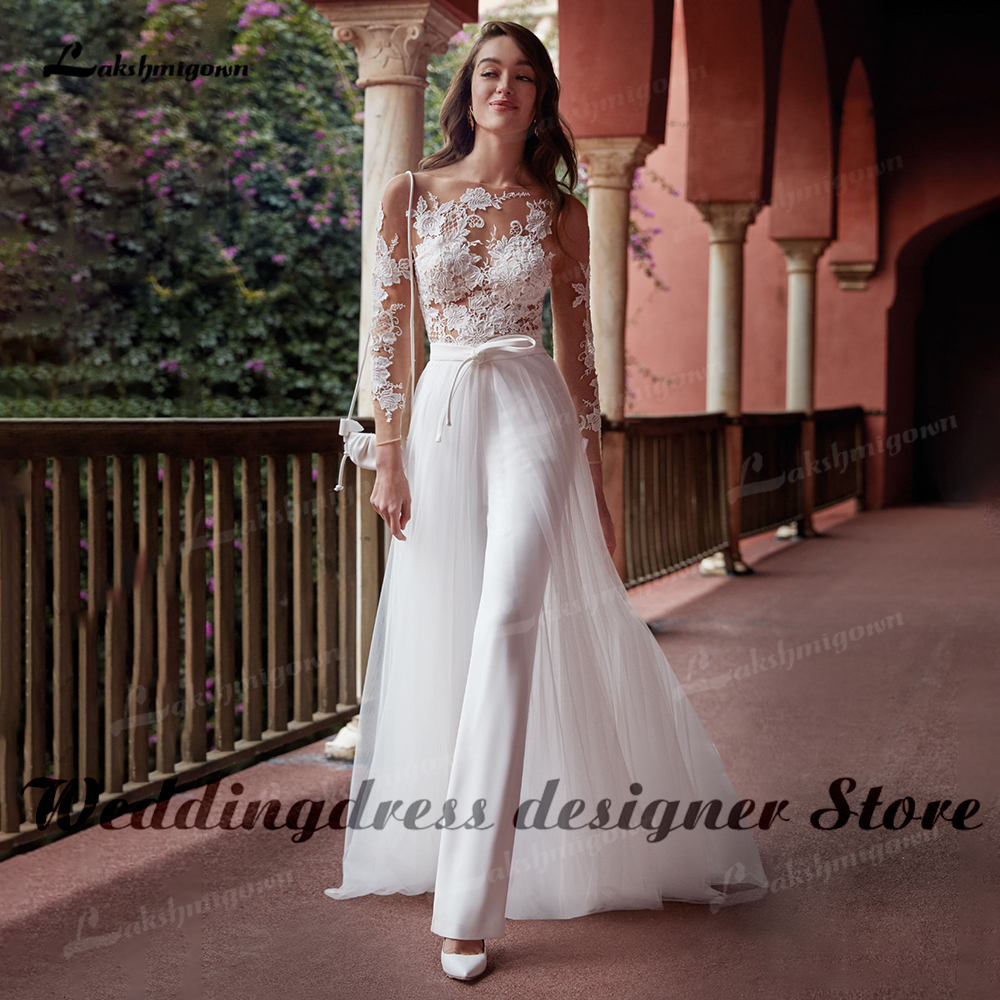 Party Dresses Modern Long Sleeve Jumpsuit Wedding Scoop Neck White Lace Appliques Boho Bridal with Detachable Train Robe Mariee 230221