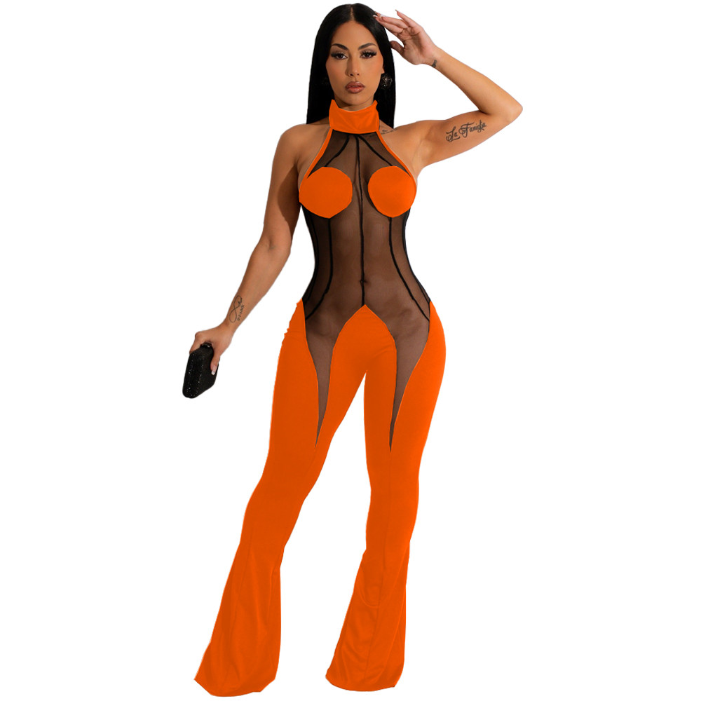 2023 Designer Mesh Patchwork Jumpsuits Women Spring Summer Clothes Sleeveless See through Rompers Sexy Bodycon Flare Pants Casual One Piece Outfits Wh