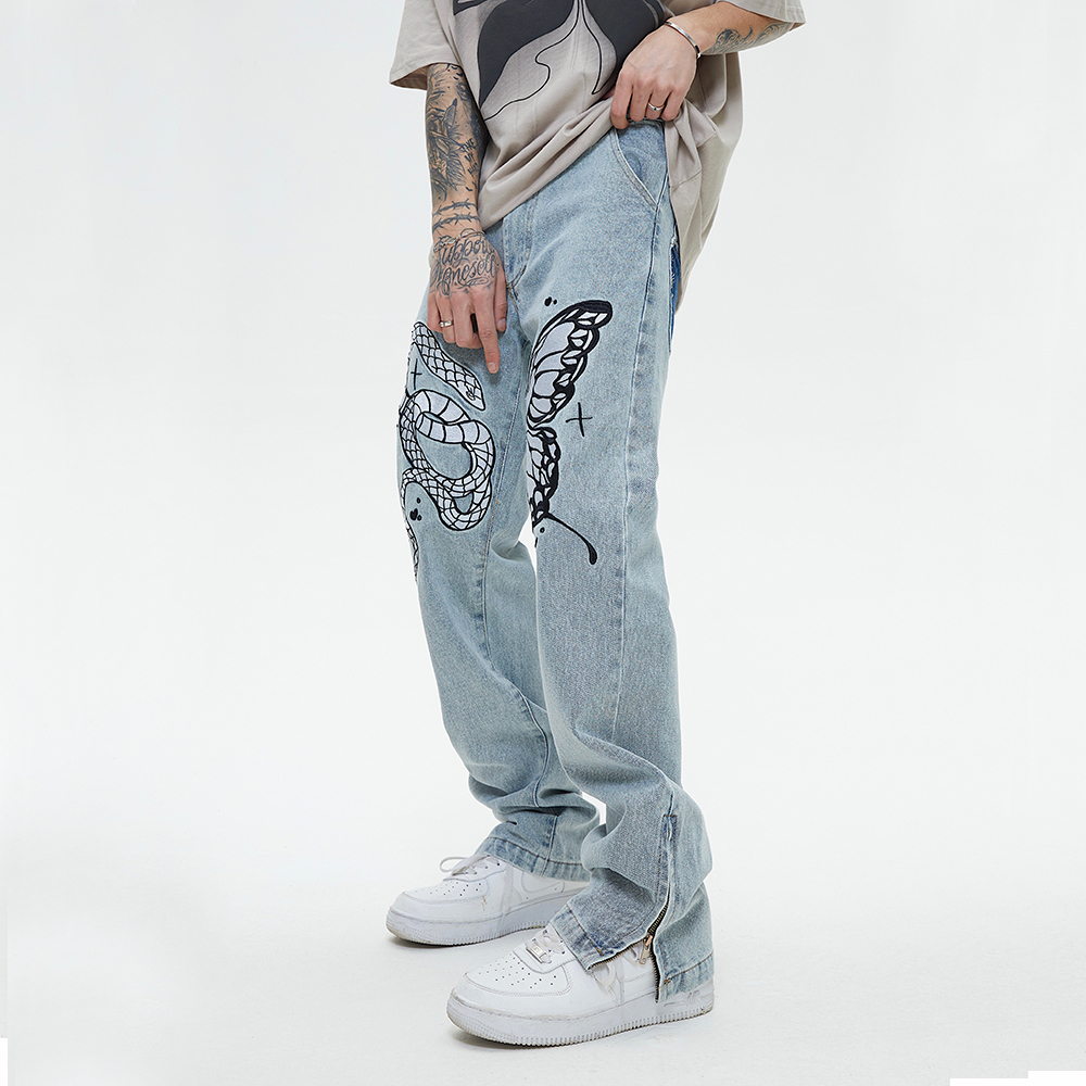 Men's Jeans High Street Butterfly and Snake Embroidery Straight Jeans Pants Men's Ankle Zipper Retro Pockets Loose Denim Trousers Hip Hop 23
