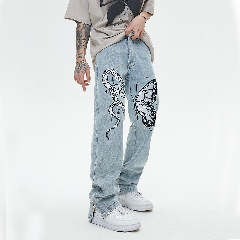 Men's Jeans High Street Butterfly and Snake Embroidery Straight Jeans Pants Men's Ankle Zipper Retro Pockets Loose Denim Trousers Hip Hop 23