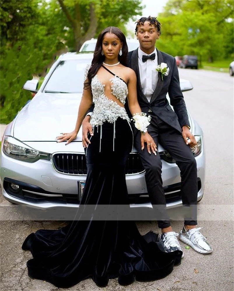 Mermaid Long Elegant Veet Prom Dress Sexy 2023 for Black Girls Beaded One Shoulder Appliques Formal Pary Gown