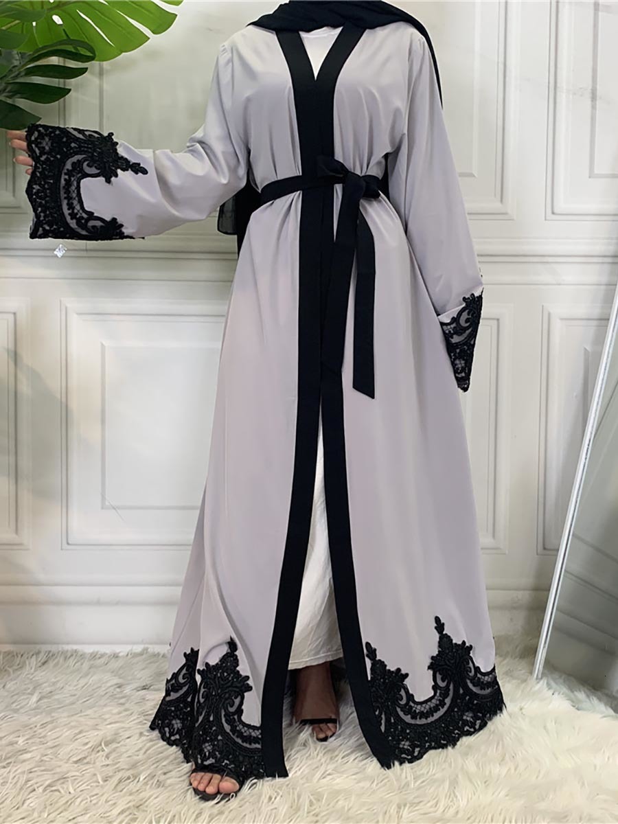Ethnic Middle Eastern Ramadan Lace Cardigan: Long Maxi Robe Abaya Kimono For Muslim Women