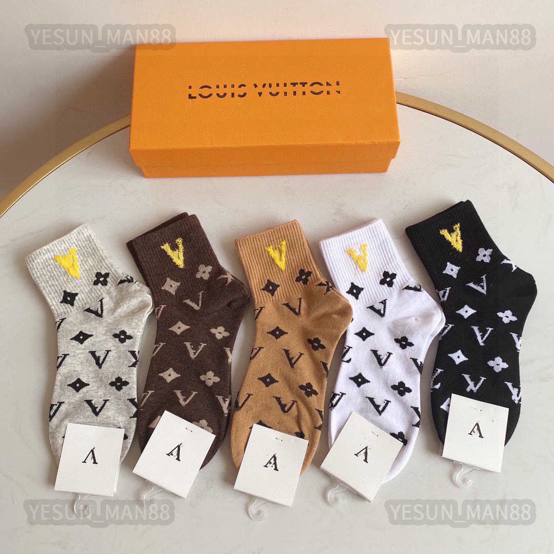 Designer Luxury luis vitons Socks Fashion Mens And Womens Cotton Breathable Smiling Face Printed 5 Pairs Sock With Box
