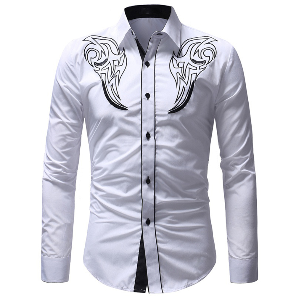 Men's Casual Shirts Mens Fashion Western Cowboy Embroidery Shirt Slim Fit Long Sleeve Button Down Dress 230221