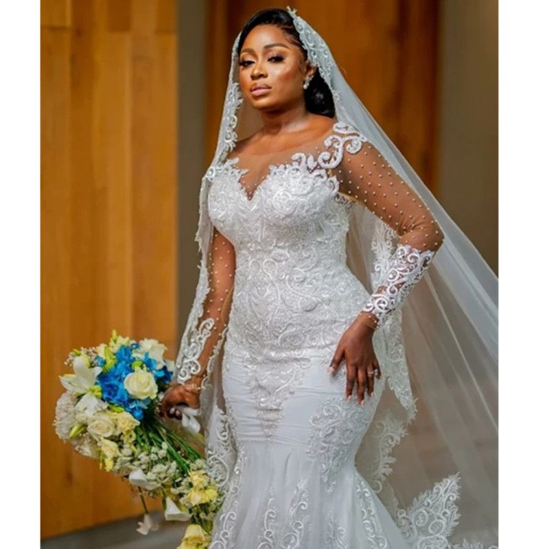 Dresses Wedding Mermaid Bridal Gown Beaded Lace Applique Long Sleeves Ruffles Chapel Train Custom Made Vestidos De Novia Plus Size